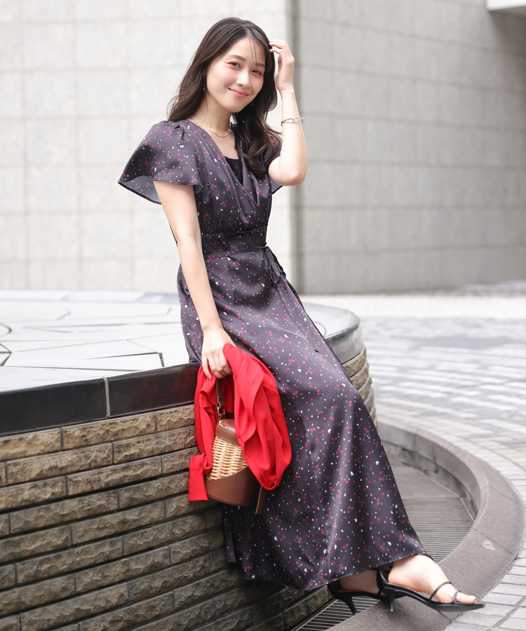 Apuweiser-riche❤︎チェリープリントカシュクールワンピース❤︎黒S チェリープリントカシュクールワンピース | ワンピース