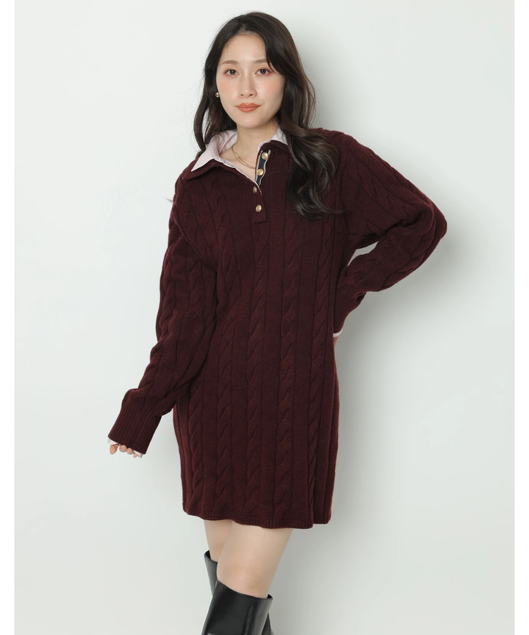 ケーブルシャツレイヤードミニニットワンピース | ワンピース