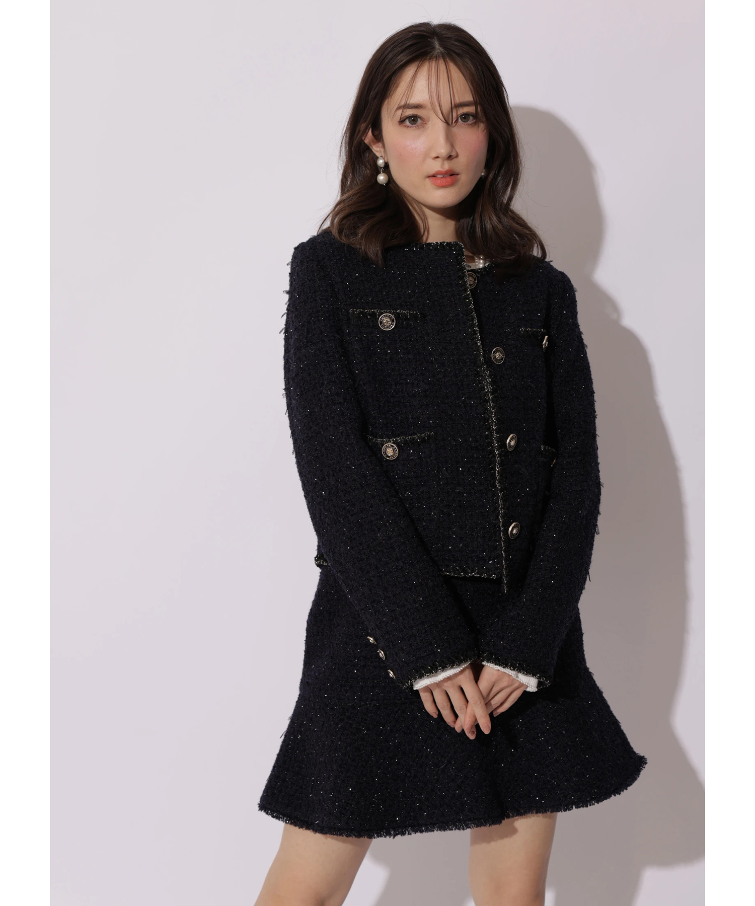 美品 アプワイザーリッシェ ミドルツイードジャケット ツイードノーカラーミドル ジャケット / ANY SIS | ファッション通販