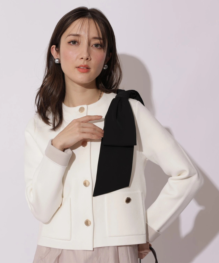 バイカラーショルダーリボンニットジャケット | カーデ | Apuweiser