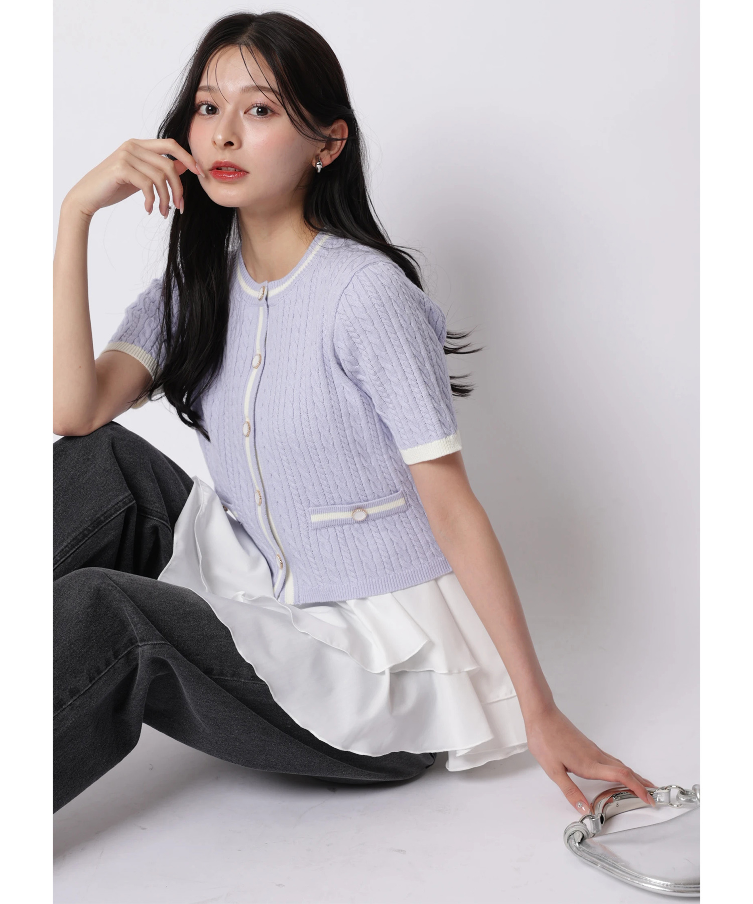 Arpege story限定】配色ケーブル半袖ティアードチュニック | ニット