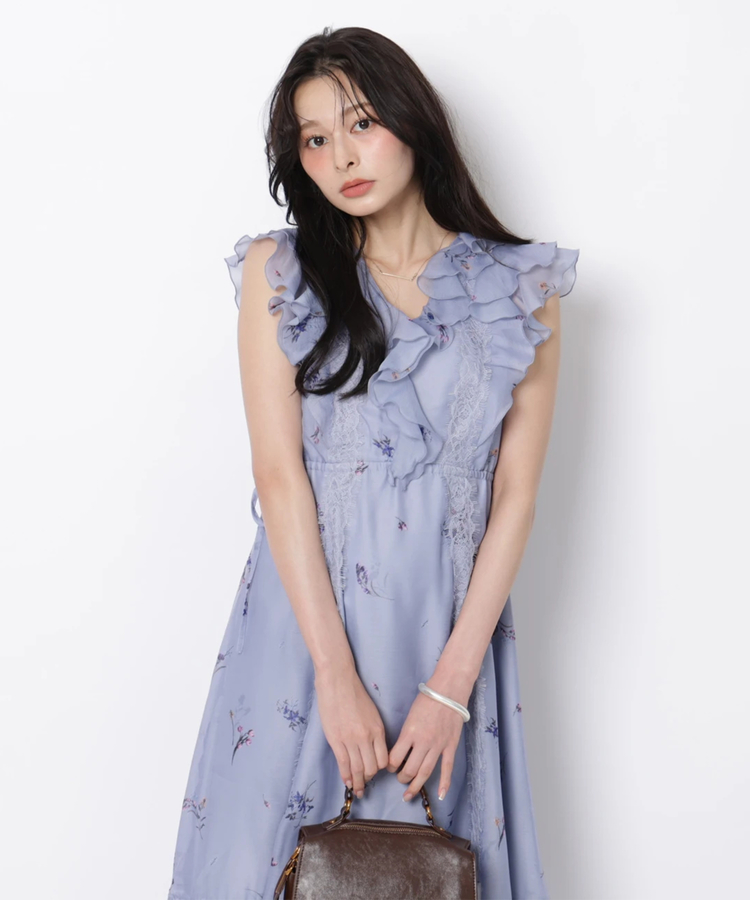 Arpege story限定】レースラインフラワープリントワンピース