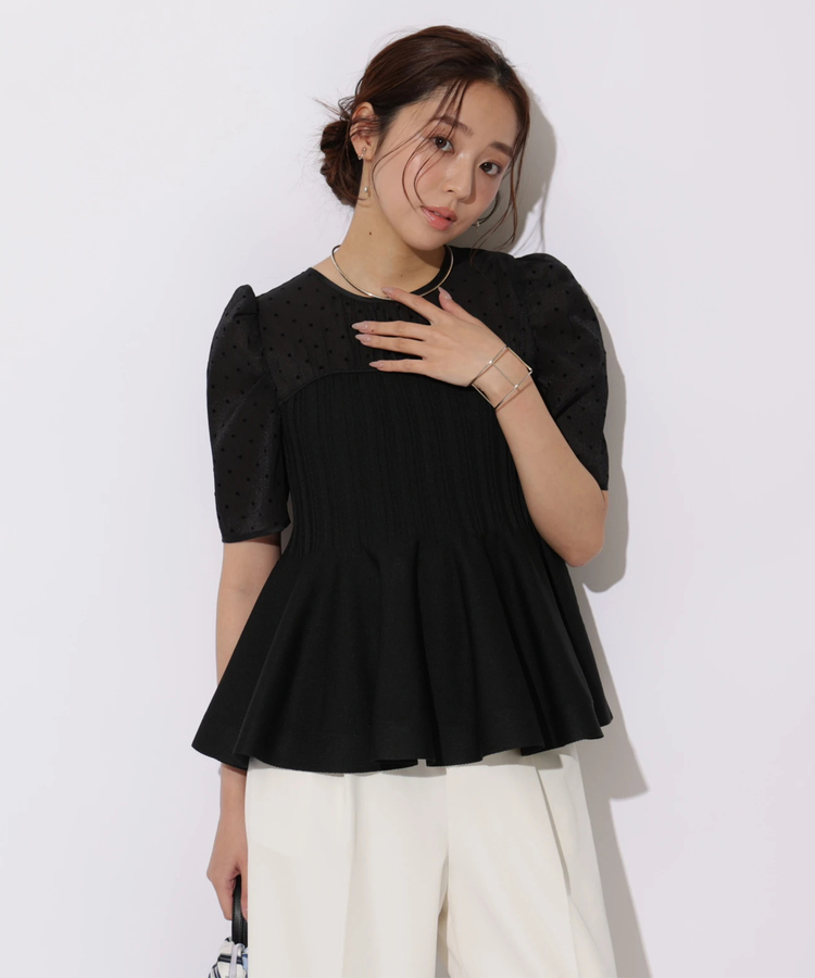 【今期完売】ジャスグリッティ シャツレイヤードニット 5分袖ドットブラウスレイヤードニット | ニット | JUSGLITTY（ジャス