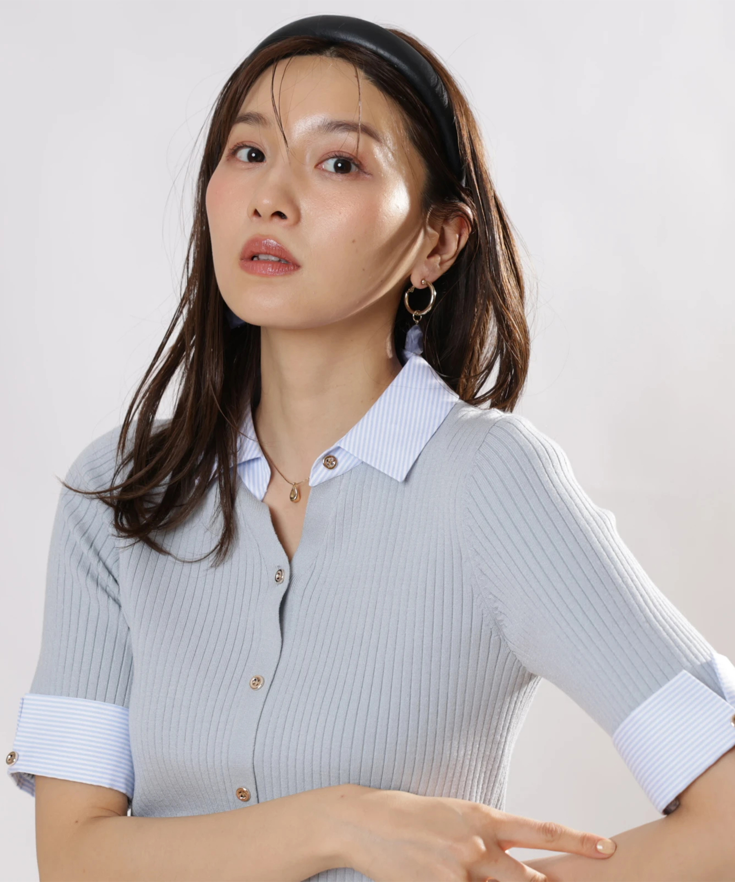 配色シャツカラー5分袖ニット | ニット | JUSGLITTY(ジャス 配色シャツカラー5分袖ニット | ニット | JUSGLITTY(ジャス