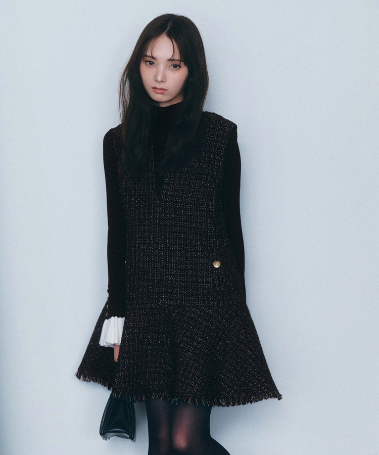 Arpege story ブラック フレアワンピース ツィードフレアヘム