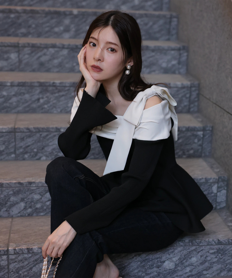 オフショルリボンドッキングニット | ニット | Rirandture（リ