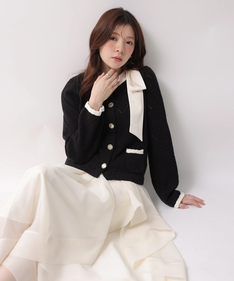 MARIEBELLEコラボ〉Ribbon Shiny Knit Jacket | カーデ | Rirandture