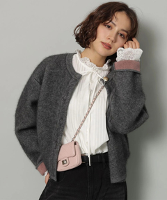 美品 Arpege story ノーカラー ツイード ニットジャケット 金ボタン スタッフコーディネート】｟限定｠金ボタンFURニットジャケット｜amu