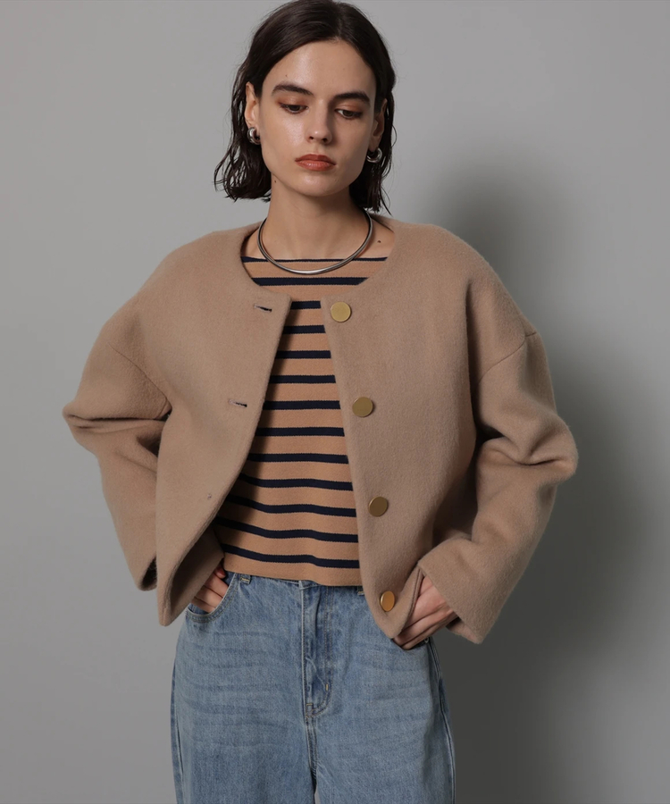 値下げ！《美品》ビジュー付 デニムノーカラージャケット（定価¥42900  