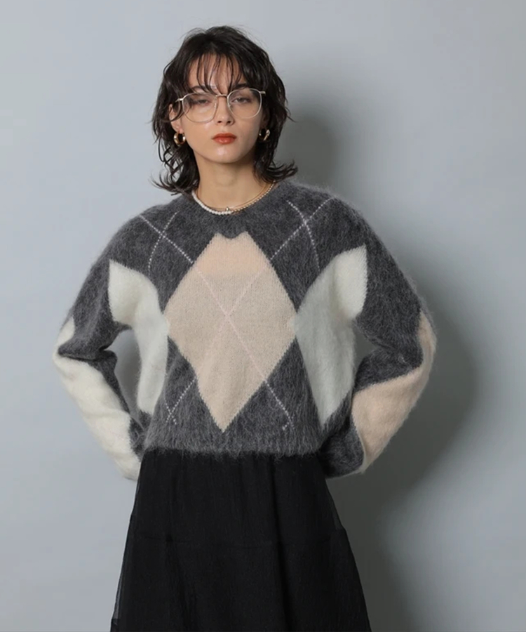 CADUNE カデュネ　Kidモヘアアーガイルニット　チャコールグレー　M Kidモヘアアーガイルニット | ニット | CADUNE（カデュネ） │【公式