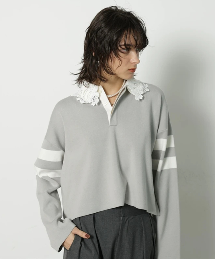 新品 アルページュストーリー シャツドッキング襟付きカーデ グレー セール】シャツドッキング襟付きカーデ（ニット/セーター）｜Arpege