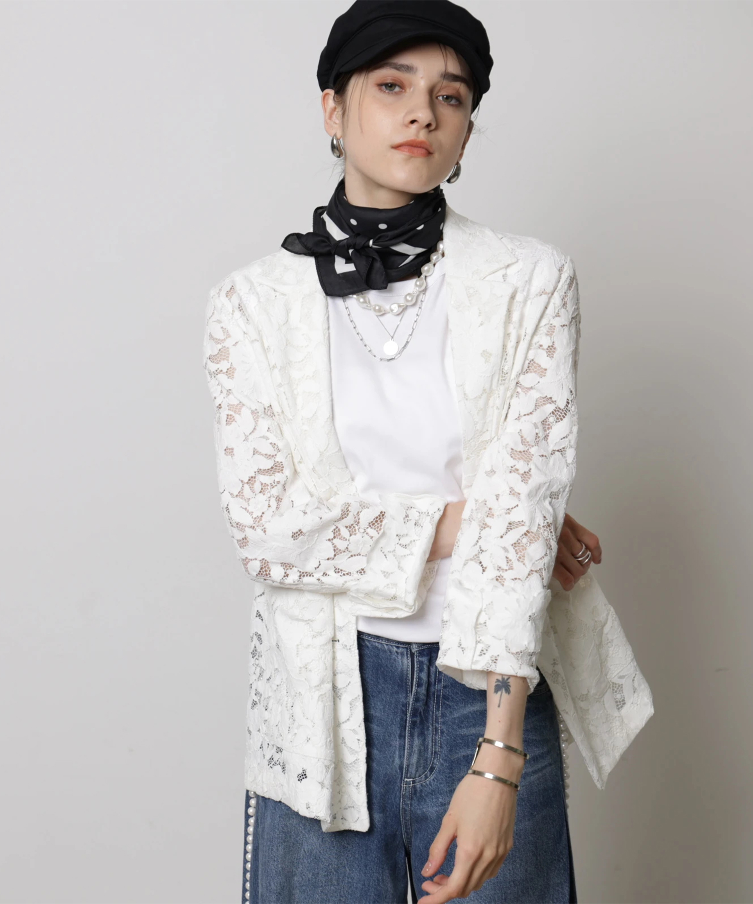 ◆le ciel a temps doux◆刺繍レースジャケット　オフホワイト クロシェレースシアージャケット – LIAN